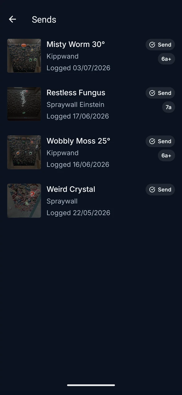 Sprai list of sends recorded on a spray wall